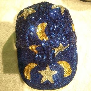 Moon and Stars Blue Sequin Bling Novelty Hat